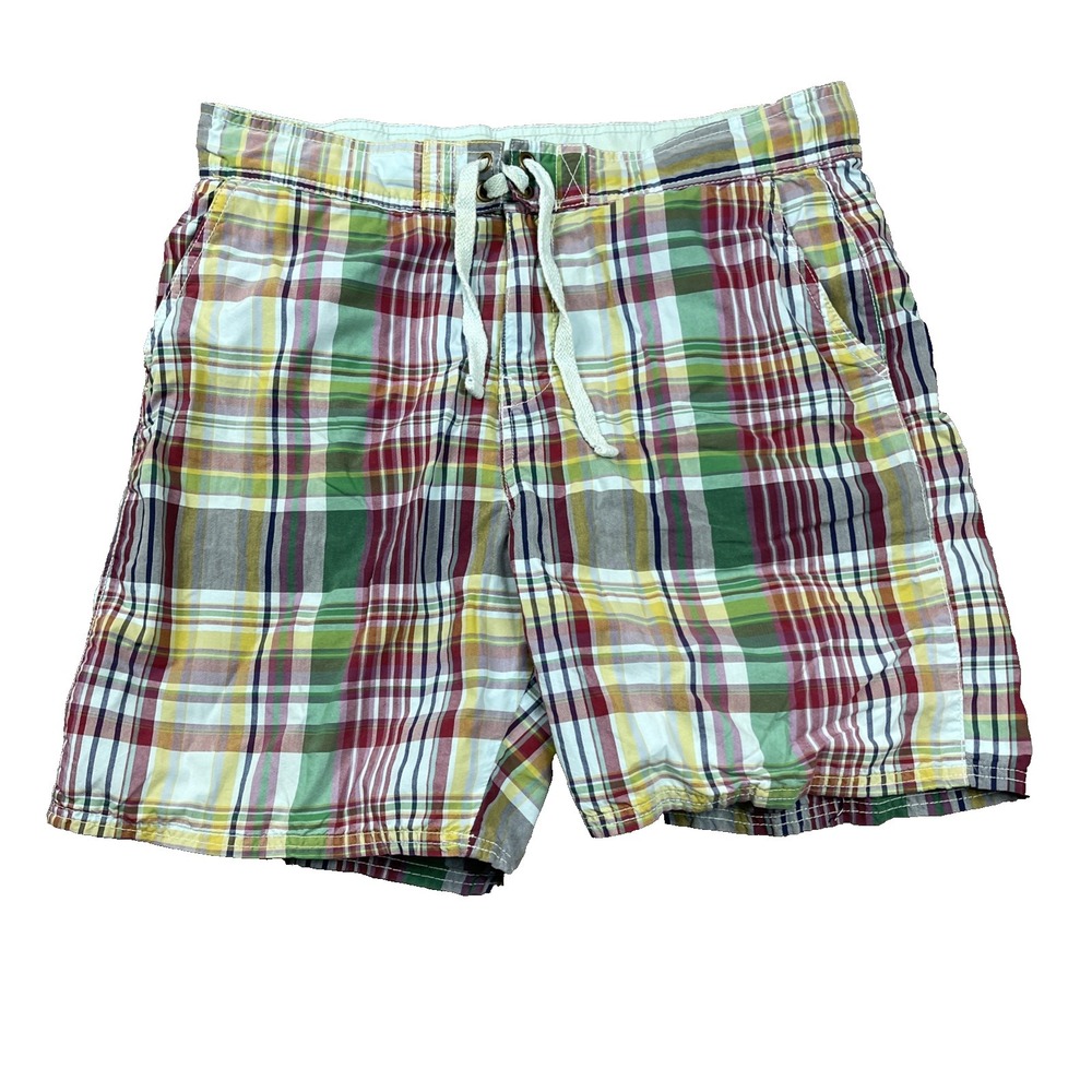 J Peterman Madras Plaid Board Shorts Men Large Swim Outdoors Coastal‎ Preppy 7"